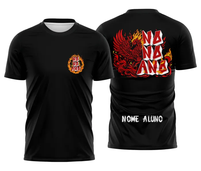 Camiseta unissex preta com logo no peito e estampa grande nas costas mostrando fênix vermelha, tema Nono Ano, ideal para turmas escolares e eventos comemorativos.
