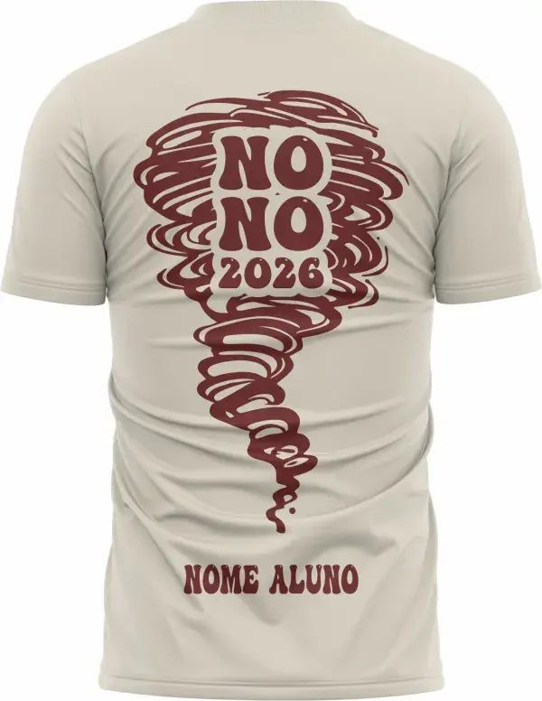 Camiseta unissex preta com logo no peito e estampa grande nas costas do tema Nono Ano Furacão, estilo escolar vibrante e jovem, ideal para identificação de turma e eventos.