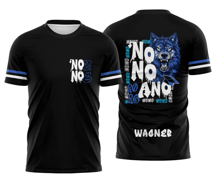 Camiseta unissex preta com logo no peito e estampa grande nas costas do tema Nono Ano Lobo Alfa, destacando o estilo imponente e selvagem, perfeita para jovens e adultos.