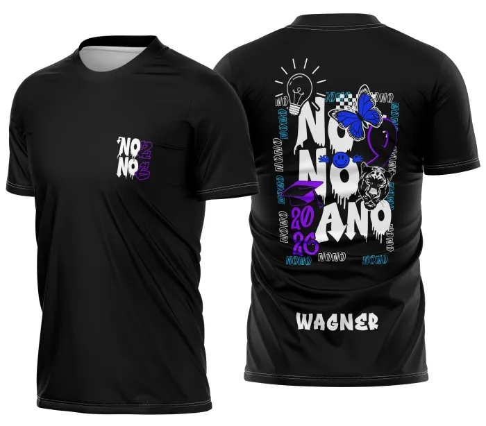 Camiseta unissex preta com logo no peito e estampa grande nas costas do Nono Ano Pantera e Borboleta, ideal para estudantes e fãs do tema com estilo moderno e marcante.