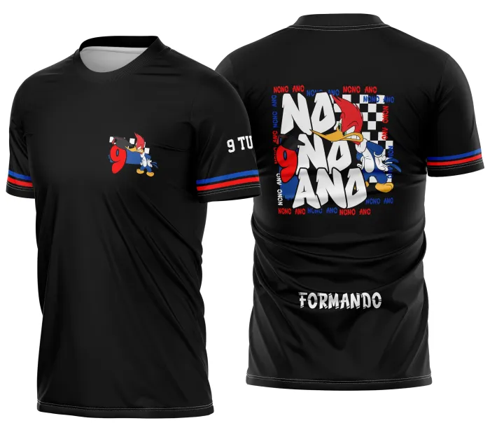 Camiseta unissex preta com logo no peito e estampa grande nas costas mostrando Pica-Pau para celebração do Nono Ano escolar.