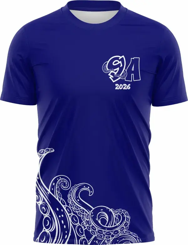 Camiseta unissex preta com logo no peito e estampa grande nas costas mostrando um polvo azul, ideal para quem gosta de estilo jovem e descolado.