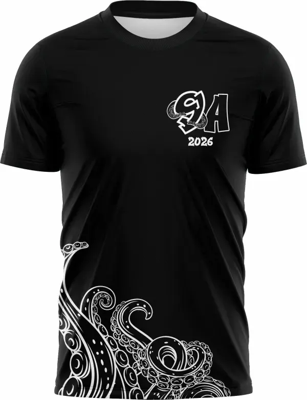 Camiseta preta unissex com logo no peito e estampa grande nas costas mostrando um polvo estilizado, perfeita para quem ama carinho pelo nono ano escolar.