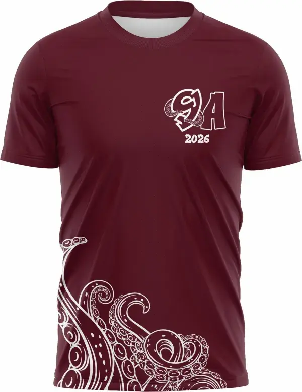Camiseta unissex vinho com logo no peito e estampa grande nas costas mostrando design de polvo, perfeita para quem busca estilo e conforto em roupa casual.