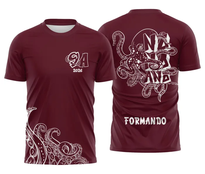 Camiseta unissex vinho com logo no peito e estampa grande nas costas mostrando design de polvo, perfeita para quem busca estilo e conforto em roupa casual.