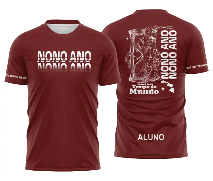 Camiseta unissex preta com logo no peito e estampa grande nas costas com tema Nono Ano Tempo Perdido, design moderno e estiloso, ideal para uso casual ou eventos escolares.