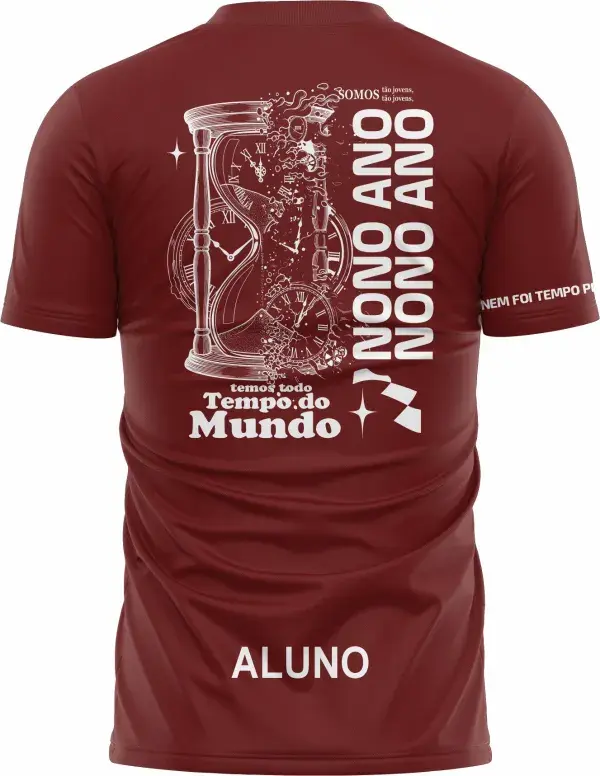 Camiseta unissex preta com logo no peito e estampa grande nas costas com tema Nono Ano Tempo Perdido, design moderno e estiloso, ideal para uso casual ou eventos escolares.