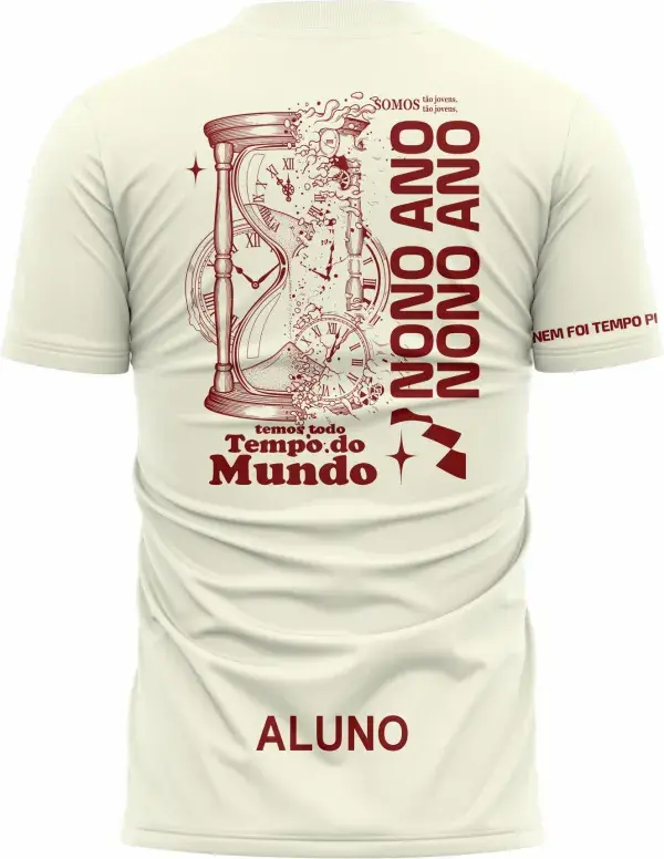 Camiseta unissex bege com logo no peito e estampa grande nas costas com o tema Nono Ano Tempo Perdido, em modelo moderno, ideal para quem curte estilo e conforto.