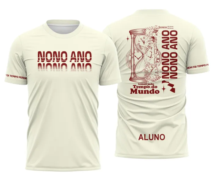 Camiseta unissex bege com logo no peito e estampa grande nas costas com o tema Nono Ano Tempo Perdido, em modelo moderno, ideal para quem curte estilo e conforto.