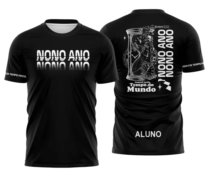 Camiseta unissex preta com logo no peito e estampa grande nas costas, temática Nono Ano Tempo Perdido, visual moderno e despojado, ideal para fãs e estudantes com estilo casual.