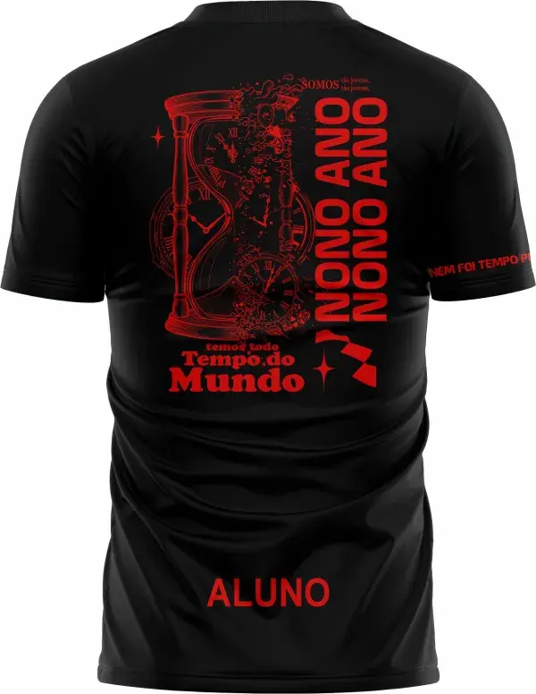 Camiseta unissex preta com logo no peito e estampa grande nas costas, temática Nono Ano Tempo Perdido, visual moderno e despojado, ideal para fãs e estudantes com estilo casual.