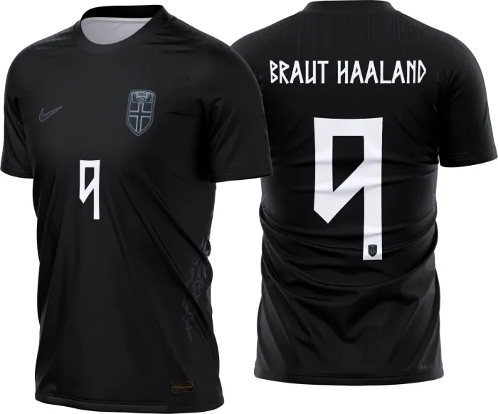 Camiseta unissex preta com logo no peito e estampa grande nas costas inspirada na Noruega Reserva 2026-2028, ideal para quem busca estilo e conforto.