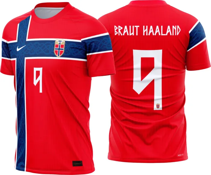 Camiseta unissex preta com logo no peito e estampa grande nas costas inspirada na camisa Noruega titular 2026-2028, design moderno e vibrante para torcedores e fãs de futebol.