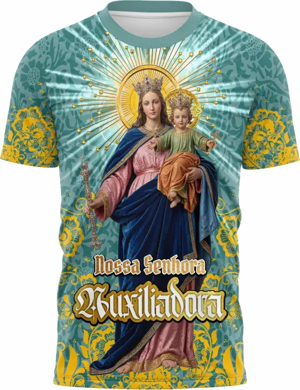 Camiseta unissex branca com logo no peito e estampa grande nas costas da Nossa Senhora Auxiliadora, transmitindo fé e proteção para quem veste