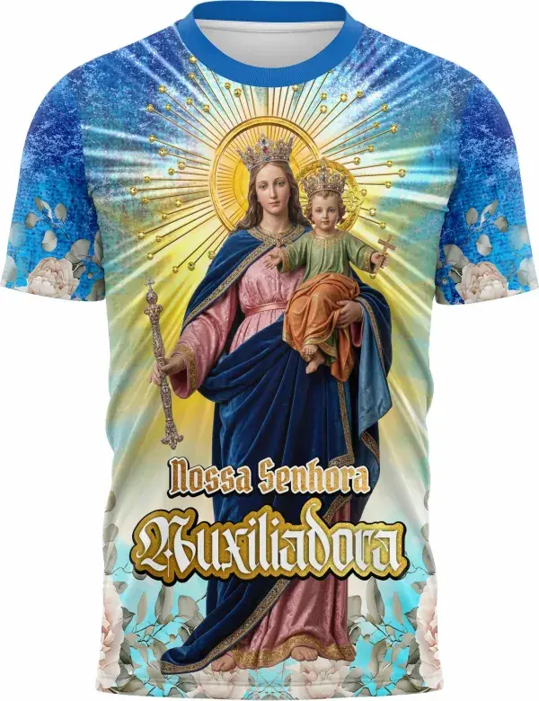 Camiseta unissex branca com logo no peito e estampa grande nas costas da Nossa Senhora Auxiliadora, transmitindo fé e proteção para quem veste