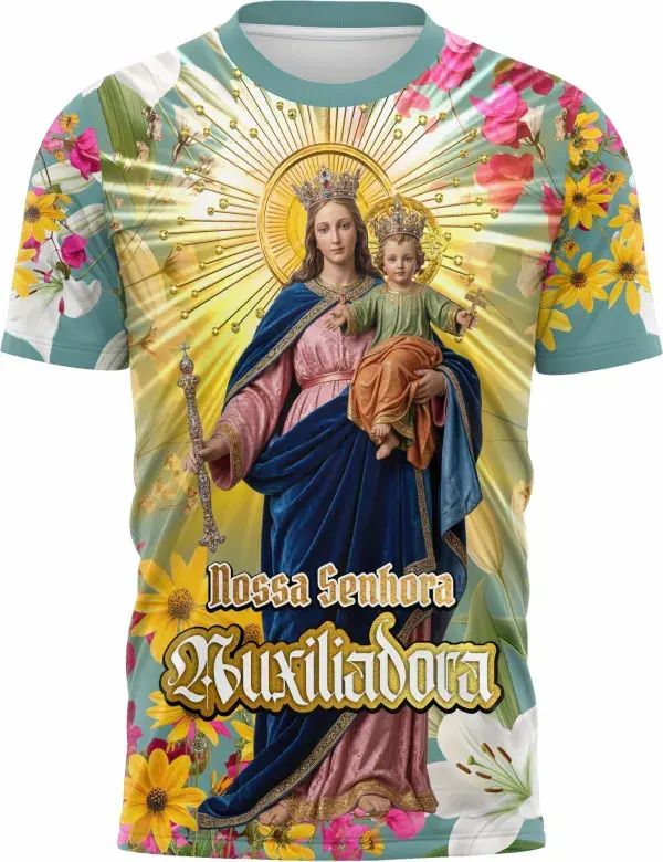 Camiseta unissex branca com logo no peito e estampa grande nas costas da Nossa Senhora Auxiliadora, transmitindo fé e proteção para quem veste