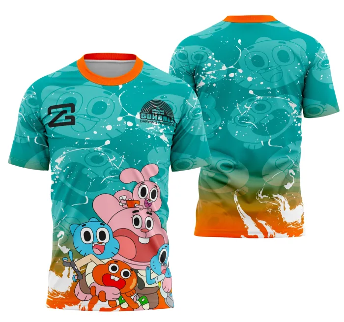 Camiseta unissex preta com logo no peito e estampa grande nas costas inspiradas no O Maravilhoso Mundo de Gumball.