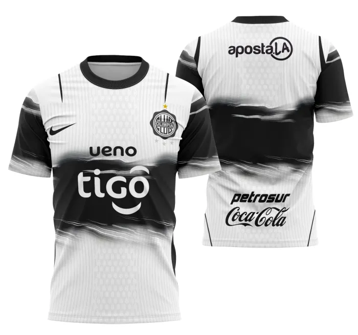 Camiseta unissex branca com logo no peito e estampa grande nas costas do conceito do Kit Casa Olimpia 2026, design moderno e esportivo, perfeita para torcedores e fãs.