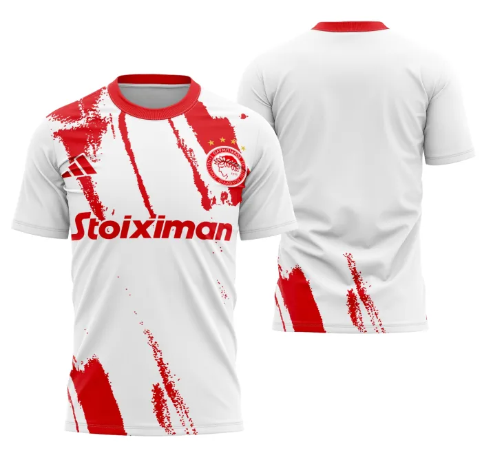 Camisa unissex preta com logo no peito e estampa grande nas costas, inspirada no Olympiacos Kit Reserva 2025-26, ideal para fãs e colecionadores de camisas de futebol