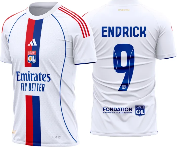 Camiseta unissex branca com logo no peito e estampa grande nas costas do Olympique Lyonnais Titular 2025-26, mostrando modernidade e estilo esportivo marcante.