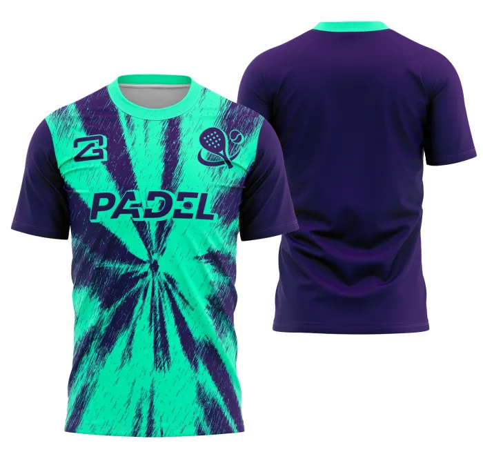 Camiseta unissex preta com logo no peito e estampa grande nas costas, tema Padel Colection2 destacando estilo esportivo moderno e vibrante para amantes do padel.