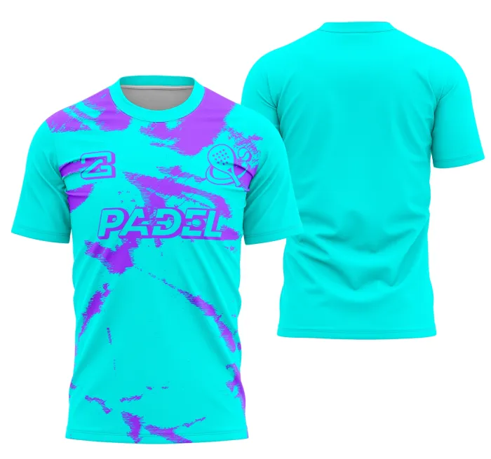 Camiseta unissex preta com logo no peito e estampa grande nas costas inspirada no tema Padel Colection6, estilo esportivo moderno e vibrante, perfeita para atletas e fãs do padel.