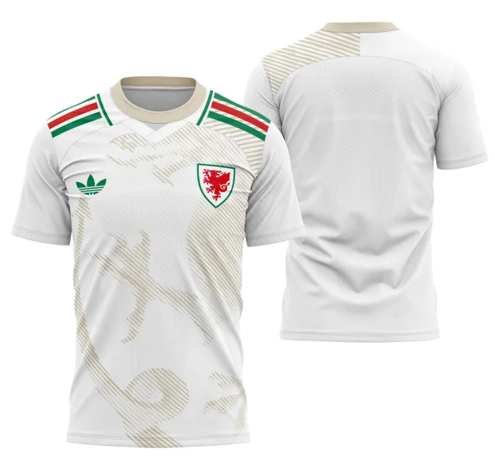 Camiseta unissex preta com logo no peito e estampa grande nas costas inspirada no Kit Away 2026 do País de Gales.