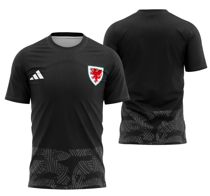 Camiseta unissex preta com logo no peito e estampa grande nas costas do País de Gales Kit Goleiro 2026, destacando estilo esportivo e design moderno para fãs de futebol.