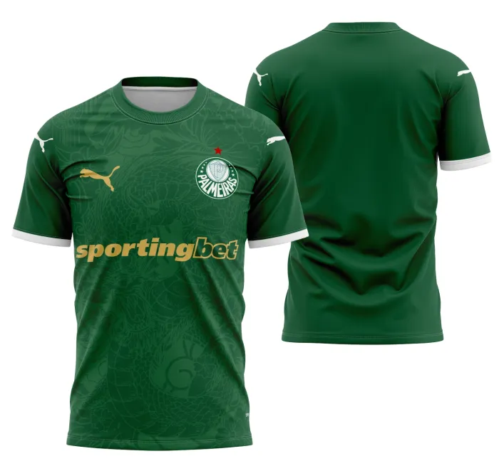 Camiseta unissex preta com logo no peito e estampa grande nas costas, inspirada no Palmeiras Concept 2025 Modelo 1, ideal para torcedores modernos.