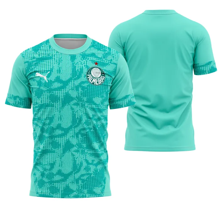 Camiseta unissex preta com logo no peito e estampa grande nas costas, tema Palmeiras Entreno 2026 em destaque e design moderno.