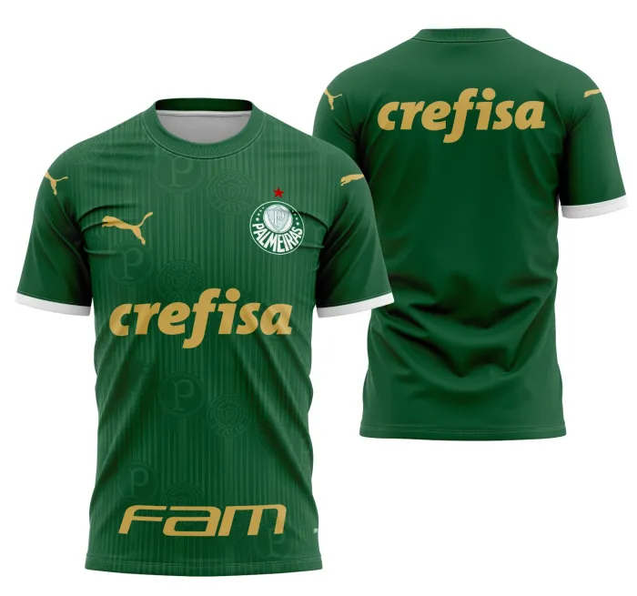 Camiseta unissex preta com logo no peito e estampa grande nas costas mostrando o Palmeiras Local 2024, ideal para torcedores que buscam estilo e conforto em roupa temática.