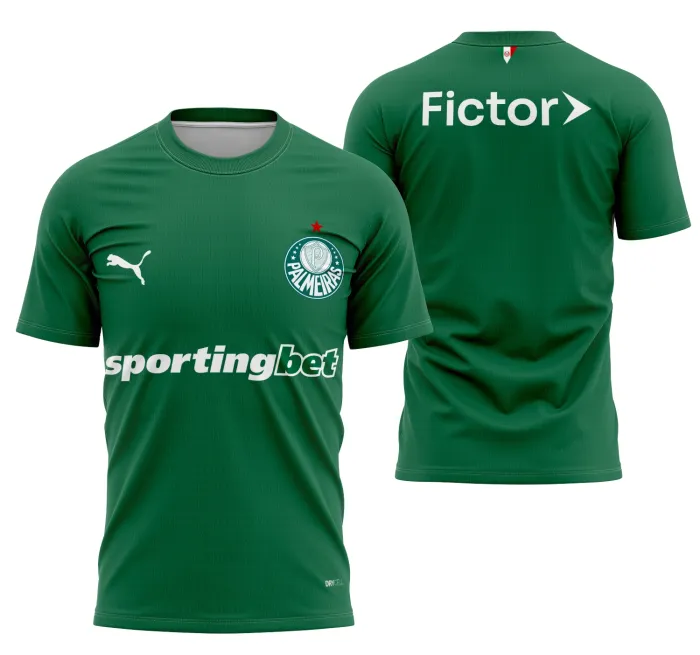 Camiseta unissex branca com logo no peito e estampa grande nas costas com tema Palmeiras Local 2026, estilo moderno e esportivo, ideal para torcedores do time.