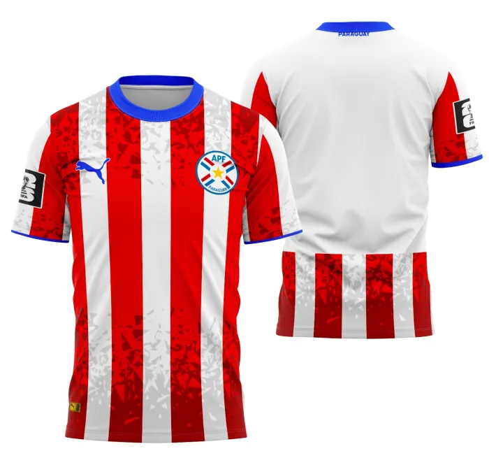 Camiseta unissex preta com logo no peito e estampa grande nas costas com o tema Paraguai Conceito 2026, estilo moderno e atraente ideal para fãs e apaixonados pelo conceito inovador.