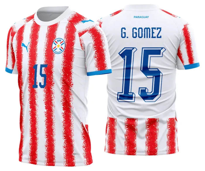 Camiseta unissex branca com logo no peito e estampa grande nas costas inspirada na camisa Paraguai Titular 2026-28, perfeita para torcedores com estilo.