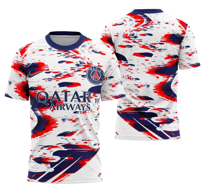 Camiseta unissex preta com logo no peito e estampa grande nas costas, temática Paris Saint Germain Conceito Reserva 2025, design moderno e atraente.
