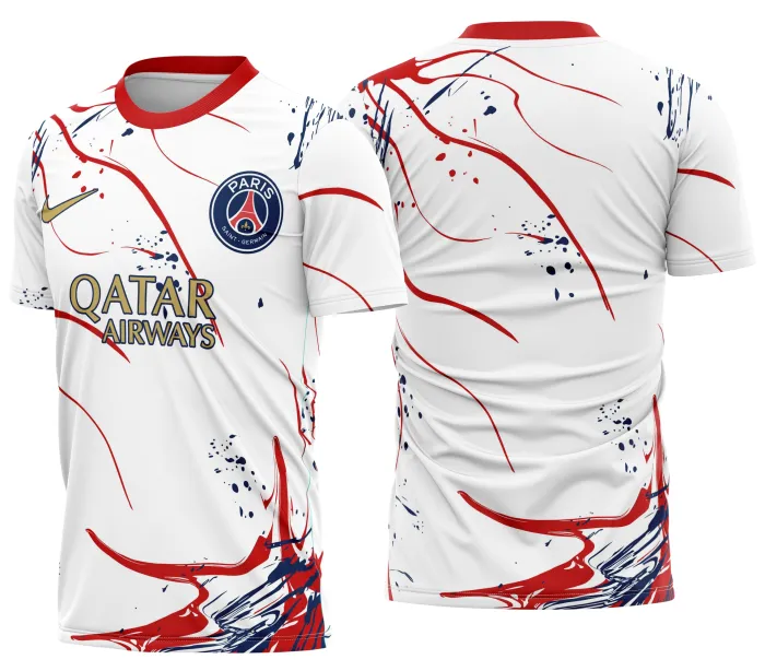 Camiseta preta unissex com logo no peito e estampa grande nas costas do Paris Saint Germain Kit Conceito, design esportivo e moderno para fãs do time.