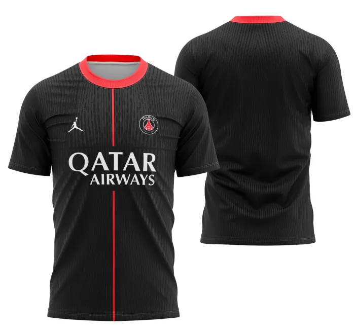 Camiseta preta unissex com logo no peito e estampa grande nas costas inspirada no Paris Saint Germain Quarto Kit 25-26, ideal para fãs do time, com design moderno e esportivo.