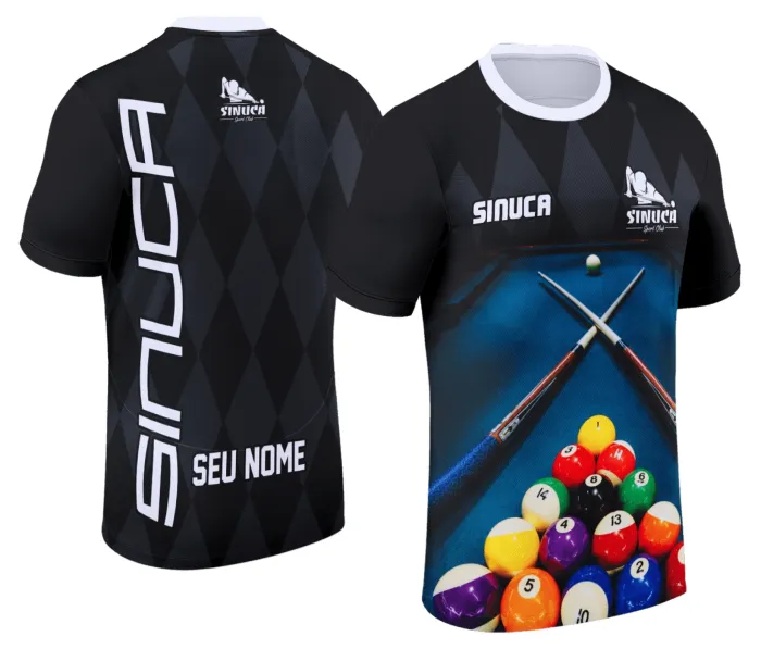 Camiseta unissex preta com logo no peito e estampa grande nas costas do tema sinuca Snook bilhar, perfeita para fãs do esporte e estilo casual moderno.