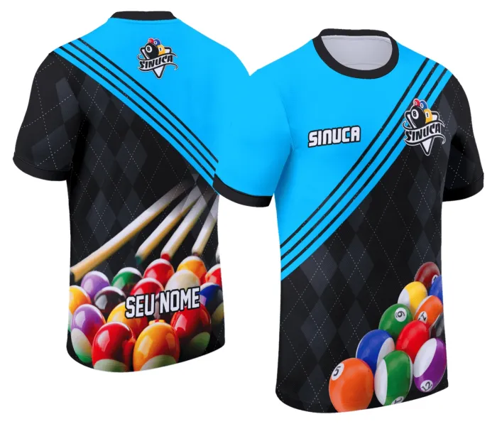 Camiseta unissex preta com logo no peito e estampa grande nas costas, tema sinuca Snook bilhar, modelo casual perfeito para fãs do esporte.