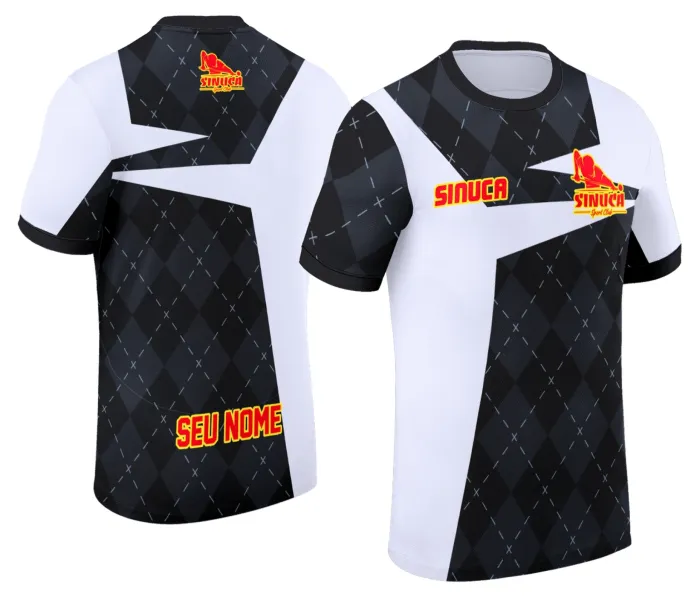 Camiseta unissex preta com logo no peito e estampa grande nas costas mostrando tema de sinuca, snook e bilhar. Camisa moderna e despojada, ideal para fãs do esporte e estilo casual.