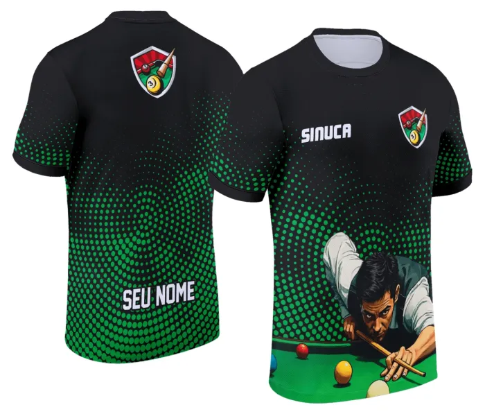 Camiseta unissex preta com logo no peito e estampa grande nas costas de sinuca Snook Bilhar Modelo 004, perfeita para fãs do esporte e estilo casual.