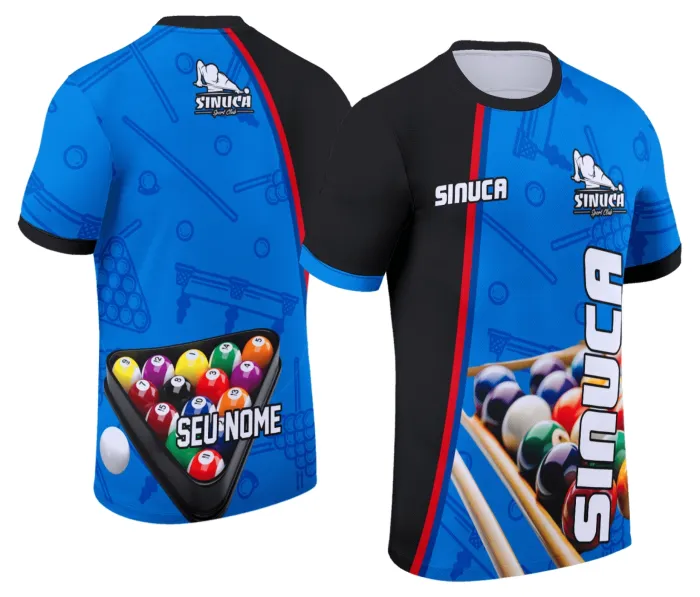 Camiseta unissex preta com logo no peito e estampa grande nas costas mostrando tema de sinuca Snook Bilhar Modelo 005, estilo moderno e casual para fãs do esporte.