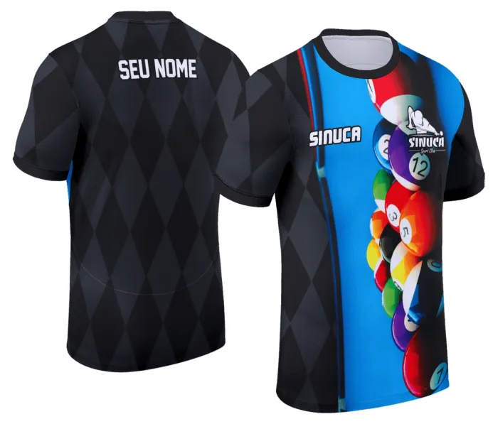 Camiseta unissex preta com logo no peito e estampa grande nas costas inspirada em sinuca Snook Bilhar, ideal para quem ama o jogo e quer estilo casual e descolado.