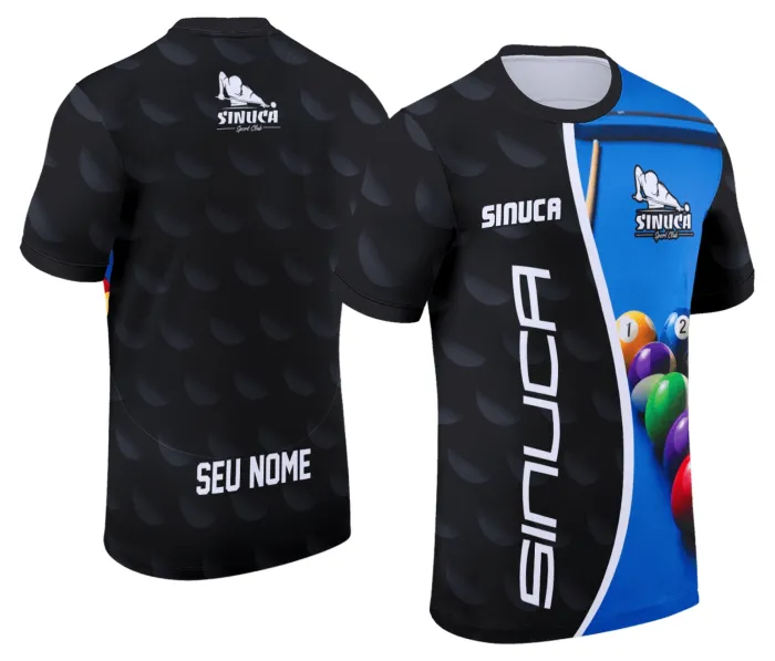 Camiseta unissex preta com logo no peito e estampa grande nas costas mostrando tema sinuca Snook Bilhar Modelo 007, design moderno e atraente para fãs de sinuca.