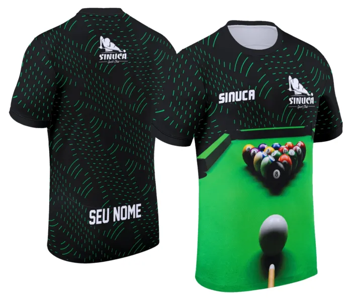 Camiseta unissex preta com logo no peito e estampa grande nas costas com tema de sinuca Snook Bilhar Modelo 008, perfeita para fãs de bilhar em estilo moderno e casual.