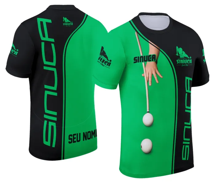 Camiseta unissex preta com logo no peito e estampa grande nas costas inspirada em sinuca Snook Bilhar Modelo 009, com design marcante e moderno, ideal para fãs do esporte.