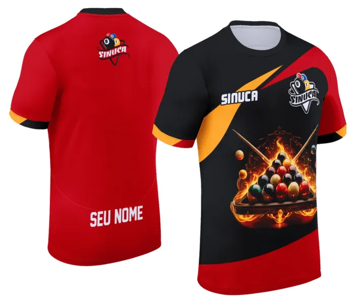 Camiseta unissex preta com logo no peito e estampa grande nas costas, temática personalizada de sinuca Snook bilhar, ideal para fãs do esporte com visual moderno e descolado.
