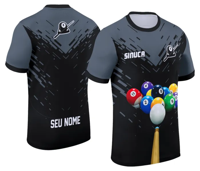 Foto de camiseta unissex preta com logo no peito e estampa grande nas costas tema personalizado Sinuca Snook Bilhar, ideal para fãs do esporte combinando conforto e estilo.