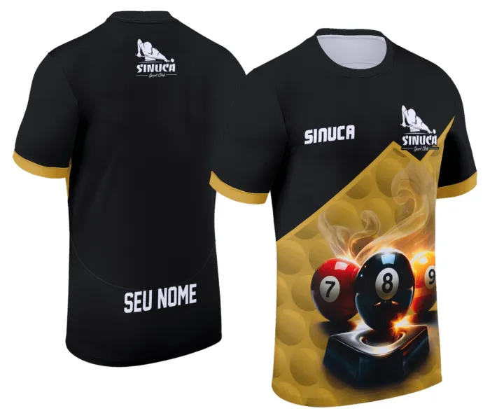 Camiseta unissex preta com logo no peito e estampa grande nas costas mostrando tema de sinuca e bilhar, perfeita para jogadores e fãs do esporte.