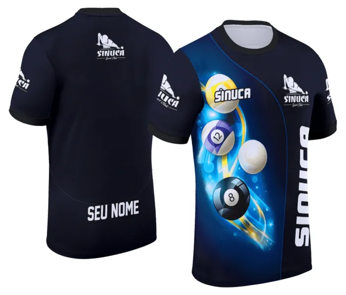 Camiseta unissex preta com logo no peito e estampa grande nas costas inspirada em sinuca, snook e bilhar, perfeita para fãs do esporte e estilo moderno.